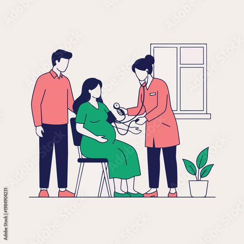 Doctor Checks Blood Pressure Of Pregnant Woman With Partner Present