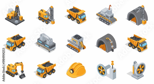 Collection of isometric construction and mining vehicles and equipment.