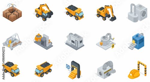 Collection of isometric construction and industrial icons.