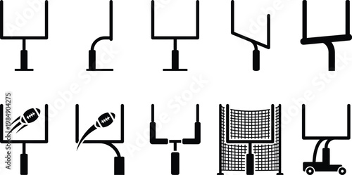 Verschiedene Stile von American-Football-Torpfosten, einige mit einem Football, als Schwarz-Weiß-Symbole dargestellt.