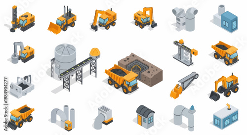 Collection of isometric construction and industrial machinery icons.