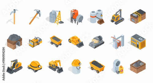 Collection of construction and mining equipment isometric icons.