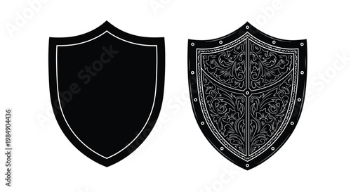 Two medieval shields one plain and one ornate on transparent background silhouette