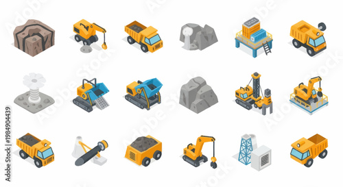 Construction vehicles and equipment isometric icons set.