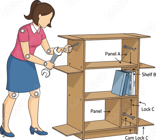 Woman uses a metal wrench to build a wooden shelf unit with clear labels.