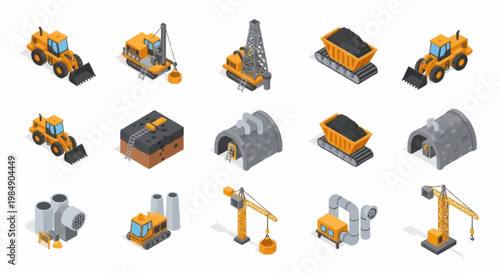 Collection of Isometric Construction and Mining Equipment Icons.