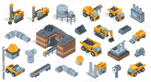 Isometric industrial mining equipment and elements collection.