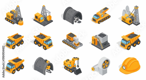 Collection of Isometric Mining Industry Equipment and Structures.