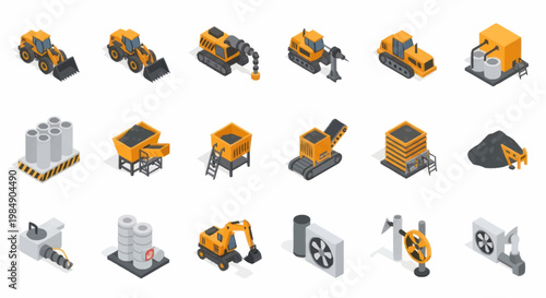 Collection of isometric construction and industrial machinery icons.