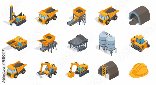 Collection of Isometric Mining Industry Equipment and Vehicles.