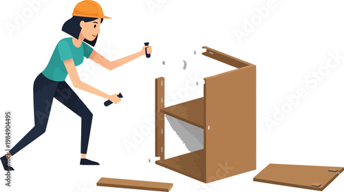 Frustrated man struggling to repair a broken machine with tools.