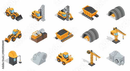 Construction and Mining Equipment Collection Isometric Icons.