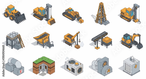 Collection of Isometric Construction Equipment and Buildings.