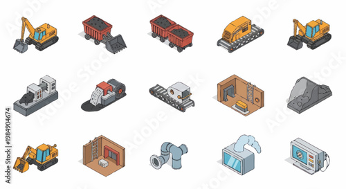 Collection of isometric construction and mining vehicles and equipment.