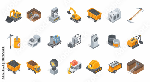 Collection of Isometric Construction and Mining Equipment Icons.
