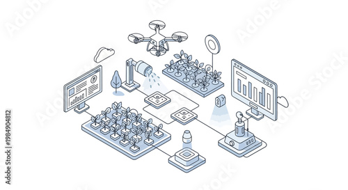 Smart Farming and AgTech Isometric Illustration featuring Drone Monitoring, Data Analytics, and Robotic Automation for Sustainable Agriculture