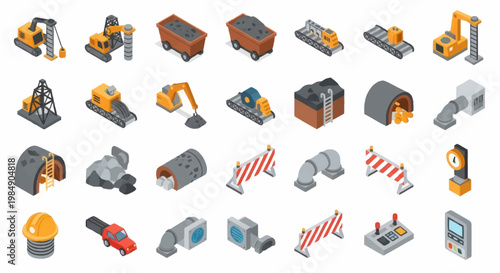 Collection of Industrial Construction and Mining Equipment Icons.