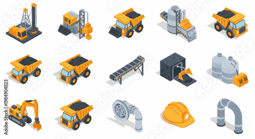 Collection of isometric industrial mining equipment and machinery icons.