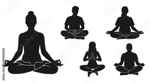 People silhouettes in lotus position practicing meditation for stress relief and zen.