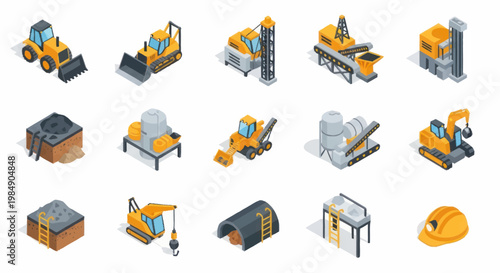 Construction equipment and machinery isometric icons set.