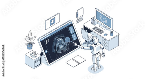 AI Robot Analyzing Medical Diagnostic Scan on Tablet Isometric Illustration - Advanced Healthcare Technology and Automated Doctor Concept