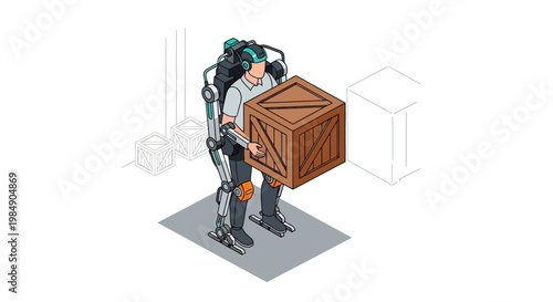Isometric Warehouse Worker in Robotic Exoskeleton Suit Lifting Heavy Wooden Crate. Industrial Automation, Future of Logistics, and Ergonomic Technology Concept.