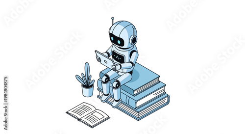 Isometric Illustration of an AI Robot Sitting on Books Reading a Tablet - Education and Machine Learning Concept