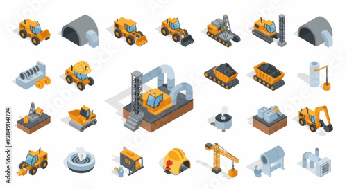 Construction Equipment and Industrial Machinery Collection Isometric Icons.