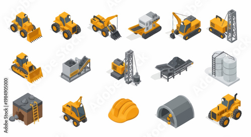 Collection of isometric construction vehicles and equipment.