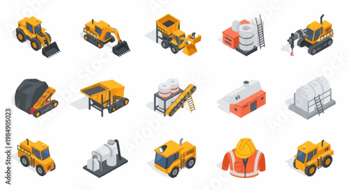 Construction equipment and safety gear isometric icons set.