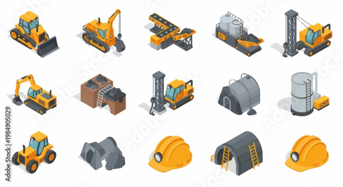 Collection of Isometric Construction and Mining Equipment Icons.