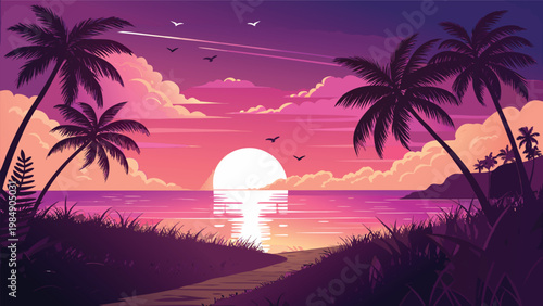 A serene tropical beach scene at sunset with palm trees and a pathway