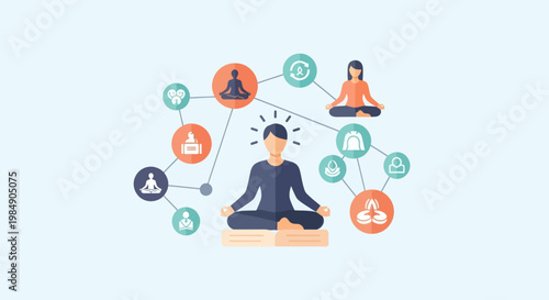 Person meditating surrounded by icons representing thoughts and connections.