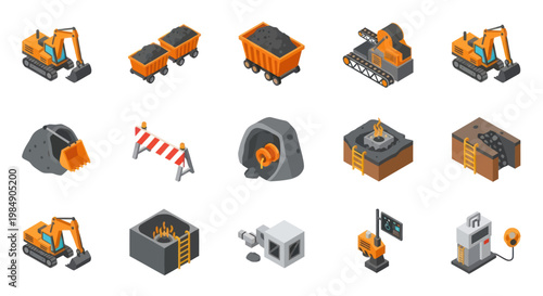 Collection of mining industry isometric icons and illustrations.
