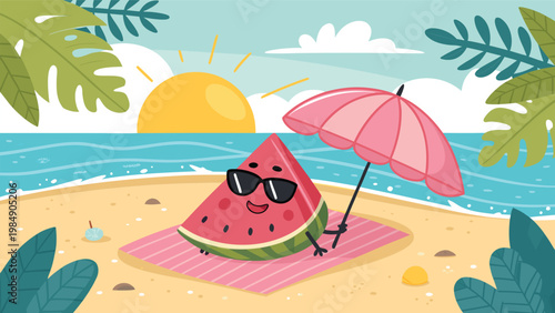A cartoon watermelon slice wearing sunglasses relaxes on a beach towel under a pink umbrella