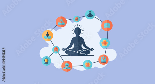 Person meditating in lotus pose surrounded by spiritual icons.