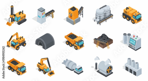 Collection of Industrial Construction and Mining Equipment Icons.