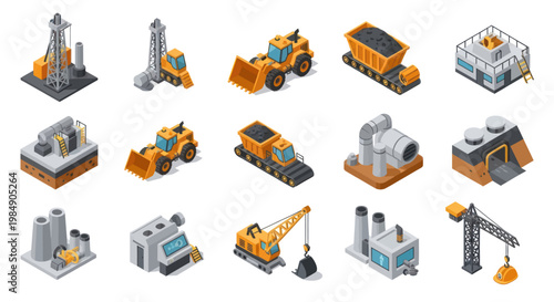 Collection of isometric industrial construction and factory buildings icons.