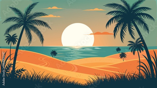Vibrant tropical beach scene with palm trees at sunset on sandy dunes