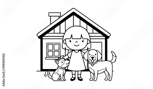 Girl with dogs house vector cartoon black white pet family illustration