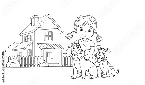 Cartoon girl two dogs house outline vector black white kids illustration