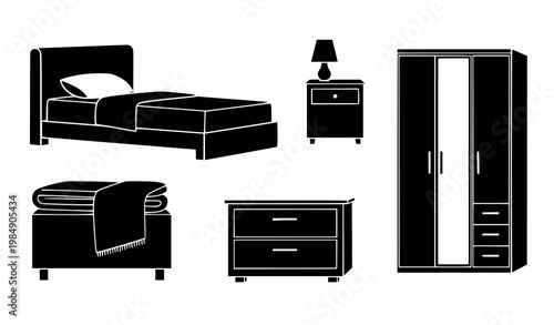 Bedroom furniture silhouette vector set bed wardrobe nightstand lamp icons