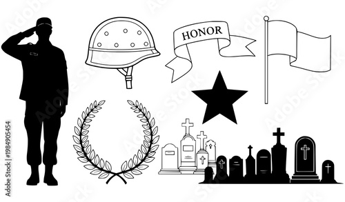 Military memorial icons vector soldier salute helmet flag wreath set