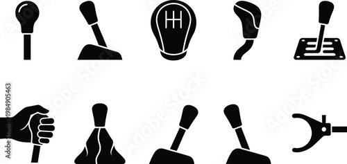 Sammlung von schwarzen Silhouetten verschiedener Gangschalter, Schalthebel und zugehöriger Autoteile als Vektorsymbole.