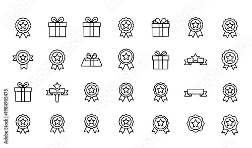 Reward gift icon set vector black white ribbons stars line design