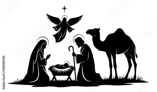 Nativity scene silhouette vector camel angel christmas religious design