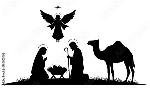 Nativity silhouette vector christmas angel camel religious scene