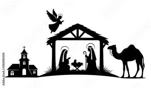 Christmas nativity silhouette vector angel camel holy family icon
