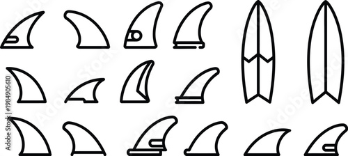 Doodle beach and surf vector collection of black and white surfboard fin and board outlines