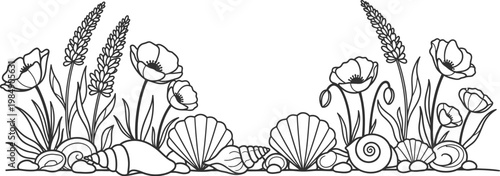 Doodle beach and surf vector hand drawn coastal scene with seashells and floral elements